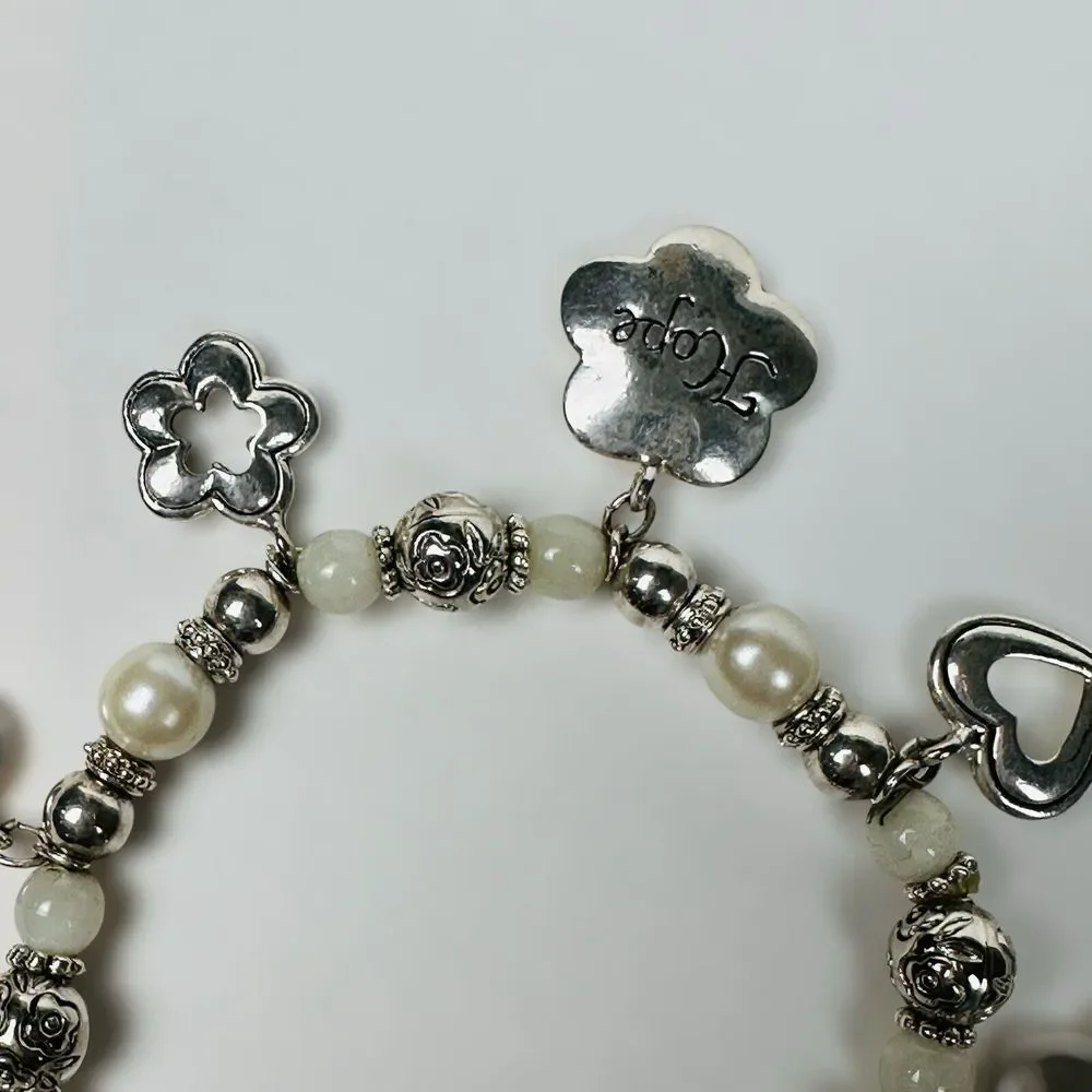 VTG Bracelet Charms Hope Dream Heart‎ Flower 6.5 Glass Faux Pearls Beads Stretch